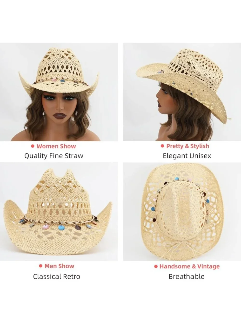 Men's Beige-m25 Straw Adjustable Wide Brim Sun Beach Western Cowgirl Cowboy Hat